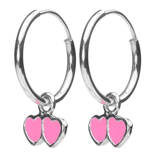 Náušničky ze stříbra 925 - malé kruhy s růžovými srdíčky, 12 mm