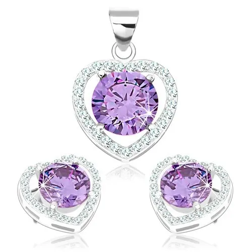 Set ze stříbra 925, náušnice a přívěsek, kontura srdce, zirkon tanzanitové barvy