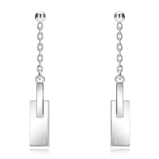 Stříbrné náušnice 925 - čirý diamant, hladká známka, krátký řetízek, puzetky