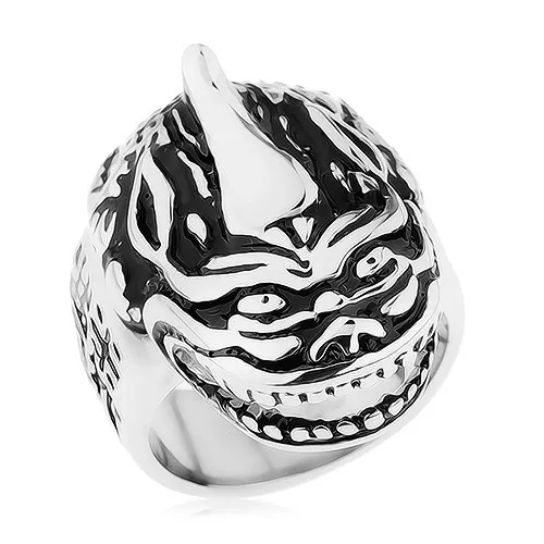 Masivní prsten, ocel 316L, patina, hlava draka, čínské znaky - Velikost: 60