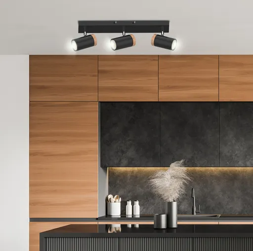 STROPNÍ SVÍTIDLO LAGOS ČERNÉ 3X15W GU10 STÍNIDLO ČERNÉ+DŘEVĚNÉ