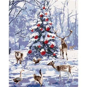 Zuty - Malování podle čísel - ZVÍŘATA U VÁNOČNÍHO STROMEČKU, 80x100 cm, vypnuté plátno na rám (HRAmmb06819nad)
