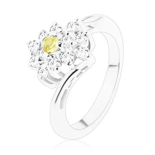 Blýskavý prsten ve stříbrném odstínu, kulatý zelenožlutý zirkon, čirý obdélník - Velikost: 49