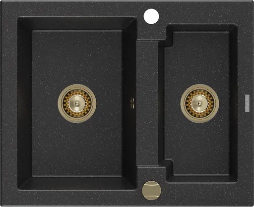 MEXEN/S Carlos granitový dřez 1.5 582x475 mm, černá/stříbro metalik + zlatý sifon 6518581500-73-G