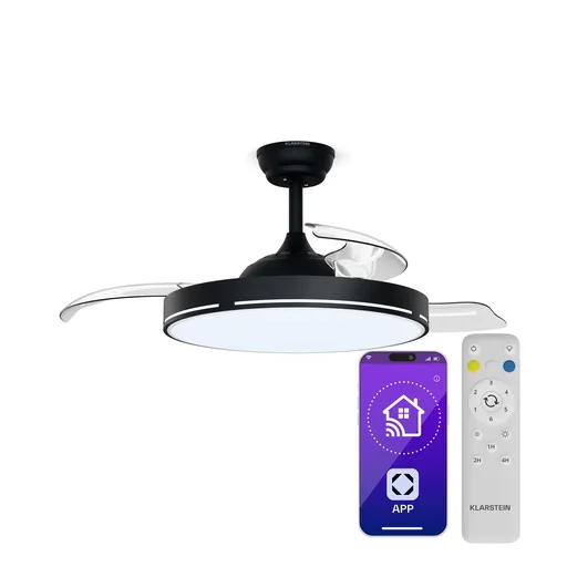 Klarstein AirFold, Chytrý stropní ventilátor, Skládací lopatky, Nastavitelné LED světlo, Smart