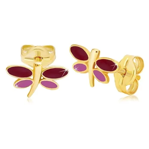 Náušnice ze žlutého 14K zlata - vážka s bordó a fialovou glazurou na křídlech