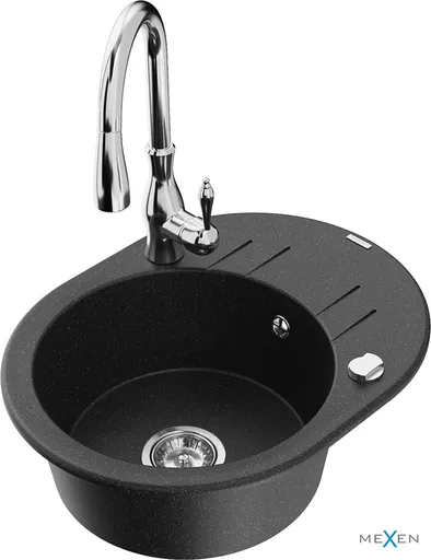 MEXEN/S Kevin granitový dřez 1 s odkapávačem včetně baterie Savita, černá/stříbrná metalik 6517-73-672601-00