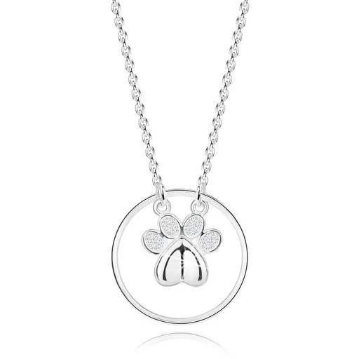 Stříbrný 925 náhrdelník - srdcová tlapka, tenký kroužek, kulaté zirkony