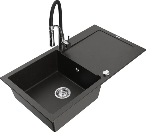 MEXEN/S Leo granitový dřez 1 s odkapávačem včetně baterie Aster, černá/zlatá metalik 6501-75-73450-07