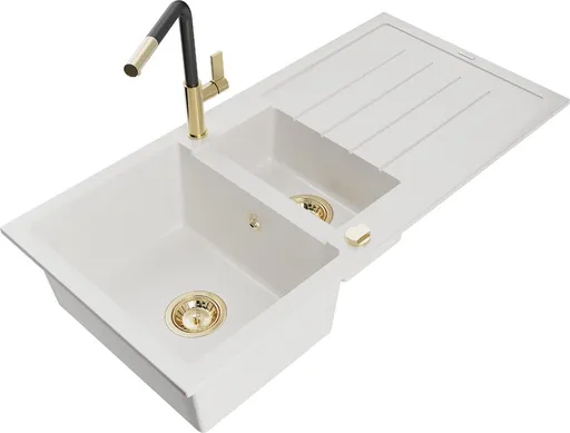 MEXEN/S Andres granitový dřez s odkapávačem včetně baterie Flora, bílá 6515-20-670401-57-G