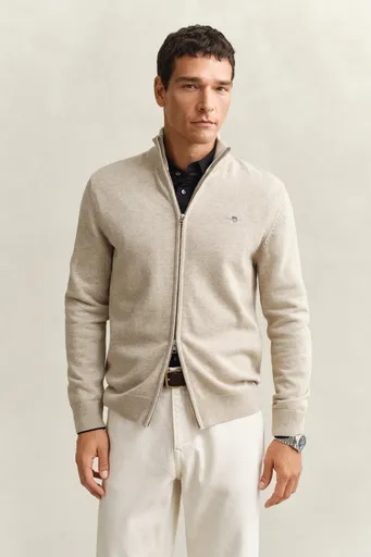 SVETR GANT CASUAL COTTON ZIP CARDIGAN OAT MELANGE