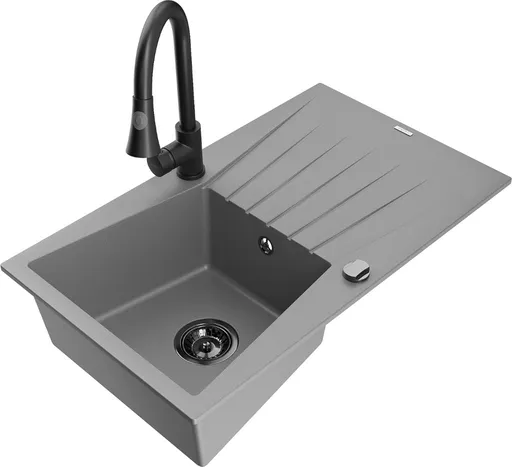 MEXEN/S Cesar granitový dřez 1 s odkapávačem včetně baterie Elia, šedá 6514-71-670101-70-B