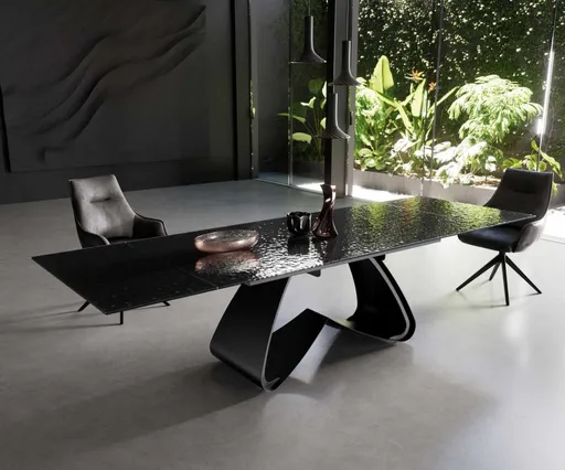 Jídelní stůl Edge 200-300x100 reliéfní sklo kouřové černé 3D