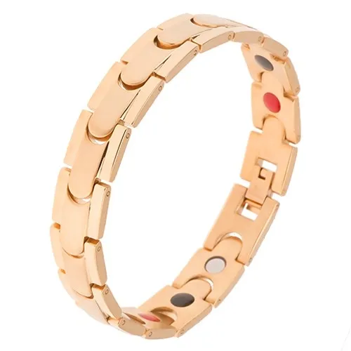 Ocelový náramek, zlatá barva, lesklé pásy a matný středový pruh, magnety