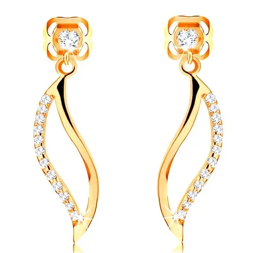 Náušnice ve žlutém 14K zlatě - zvlněný obrys zrnka zdobený čirými zirkony