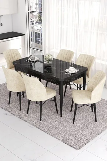 Extendable Dining Table & Chairs Set (7 Pieces) Eva - Black Marble, Cream