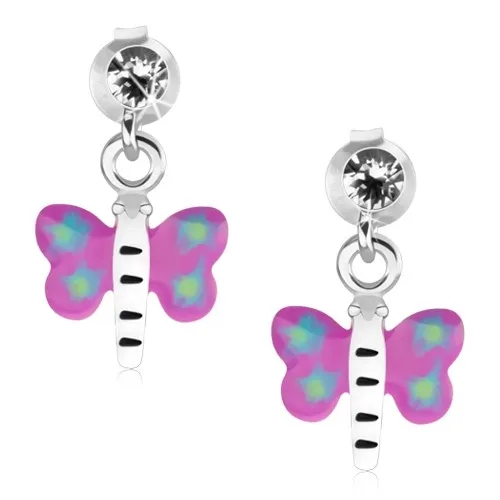 Náušnice ze stříbra 925, motýl s fialovo-modrými křídly a bílým tělem