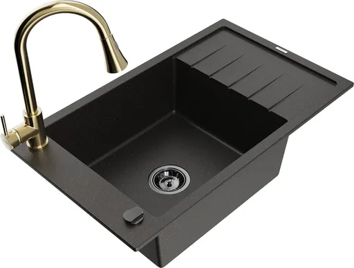 MEXEN/S Elias granitový dřez 1 s odkapávačem včetně baterie Elia, černá/zlatá metalik 6511-75-670101-50-B