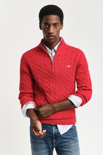 SVETR GANT COTTON CABLE HALF ZIP RUBY RED