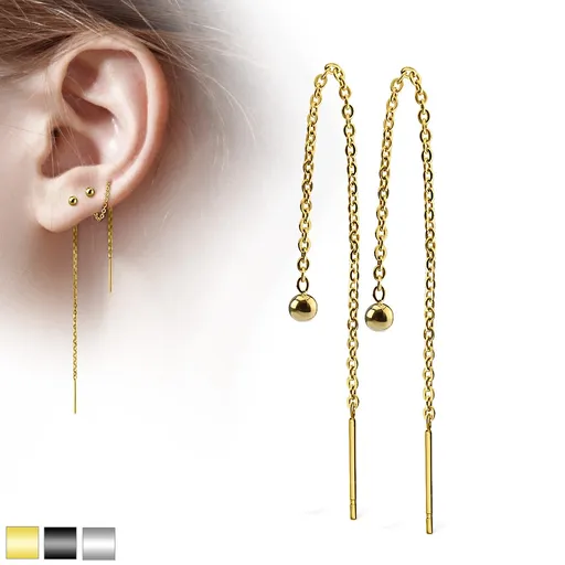 Řetízkové náušnice z oceli 316L, visící lesklá kulička - Barva: Stříbrná