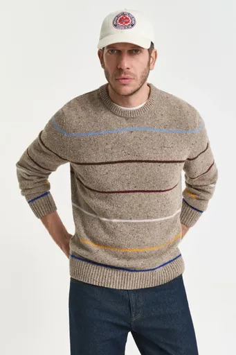 SVETR GANT STRIPED WOOL BLEND NEPS C-NECK DK. SAND MELANGE