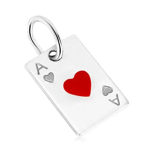 Přívěsek ze stříbra 925 - motiv hrací karty, srdcové eso a červená glazura