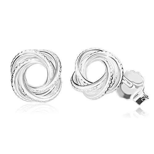 Stříbrné náušnice 925 - lesklý uzel se zářezy, úzké linie, puzetové zapínání