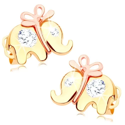 Zlaté náušnice 14K ve tvaru slona s mašlí a zirkony