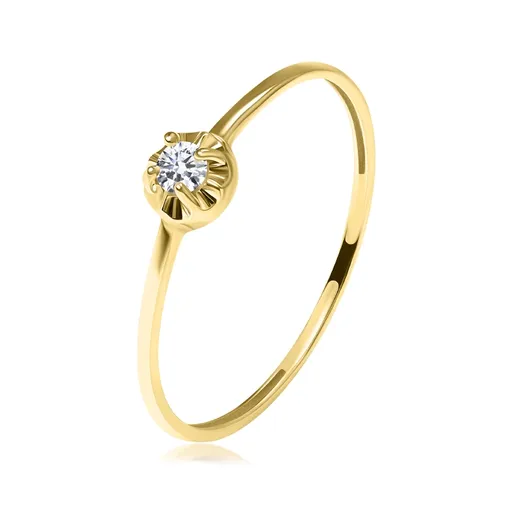 Prsten ze žlutého zlata 585 - čirý briliant, vroubkovaný okraj, úzké rameno - Velikost: 47