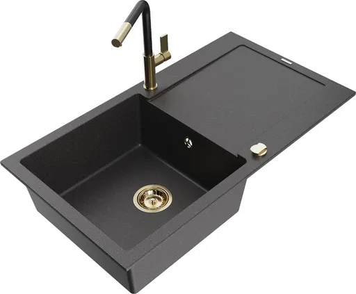 MEXEN/S Leo granitový dřez 1 s odkapávačem včetně baterie Flora, černá kropenatá 6501-76-670401-57-G