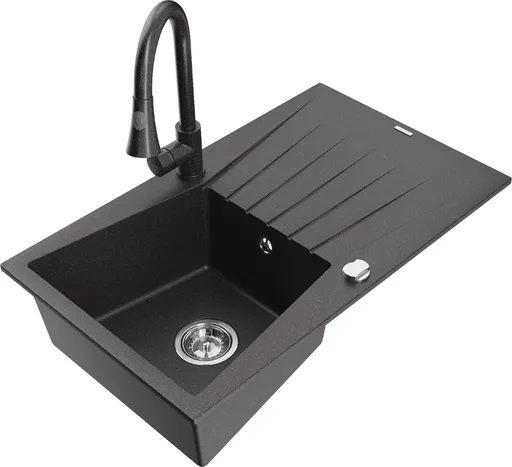 MEXEN/S Cesar granitový dřez 1 s odkapávačem včetně baterie Elia, černá kropenatá 6514-76-670101-76
