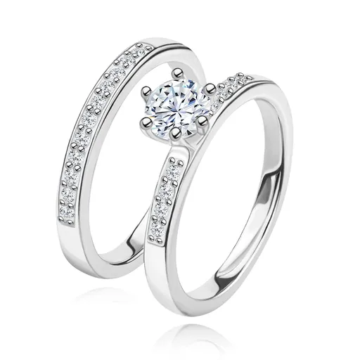 Dvojset stříbrných prstýnků 925 - třpytivá linie zirkonů, větší kulatý zirkon - Velikost: 49