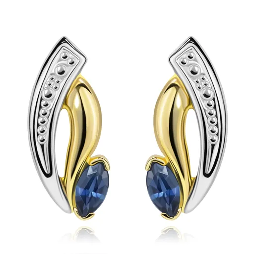 Zlaté náušnice 14K ve tvaru asymetrického zrnka s modrým safírem
