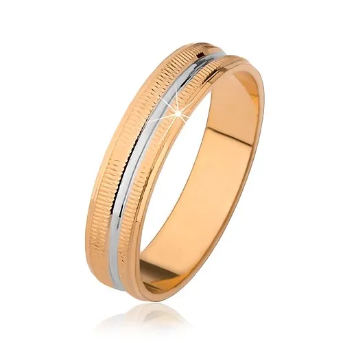 Prsten ve dvoubarevném provedení, malé svislé zářezy, vyhloubený středový pás - Velikost: 51
