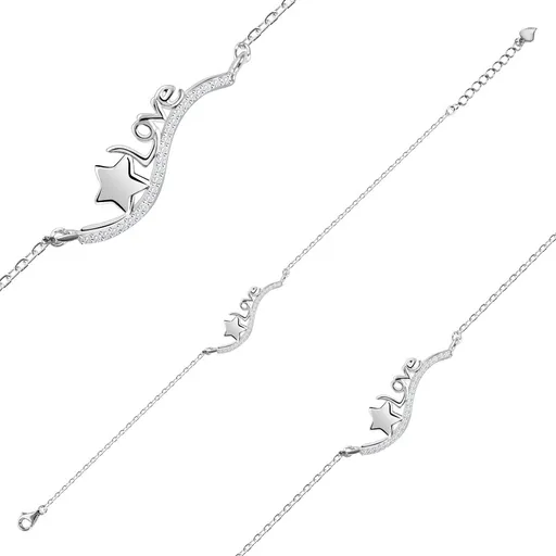 Stříbrný 925 náramek, vlnka z čirých zirkonů, lesklá hvězdička a nápis Love