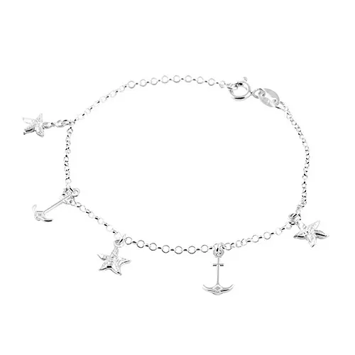 Náramek ze stříbra 925, hvězdice a kotvy, řetízek z kulatých oček