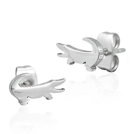 Ocelové náušnice stříbrné barvy, drobný lesklý krokodýl, puzetky