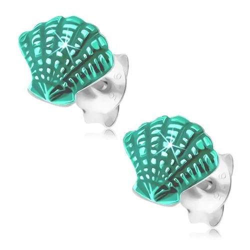 Puzetové náušnice, stříbro 925, tmavě zelená glazovaná mušle, zářezy