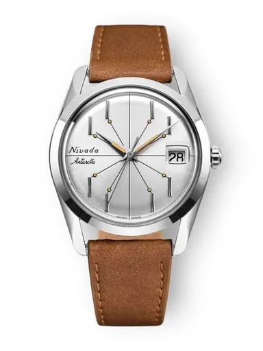 Nivada Grenchen Antarctic Spider Silver 35 mm - Brown leather