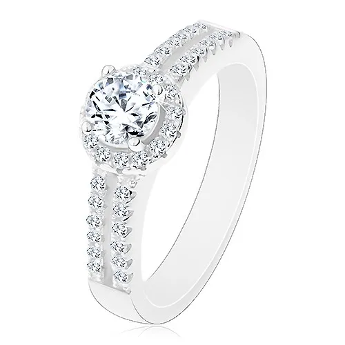 Stříbrný prsten 925, rozdělená zirkonová ramena, čirý zirkon s lemem - Velikost: 60