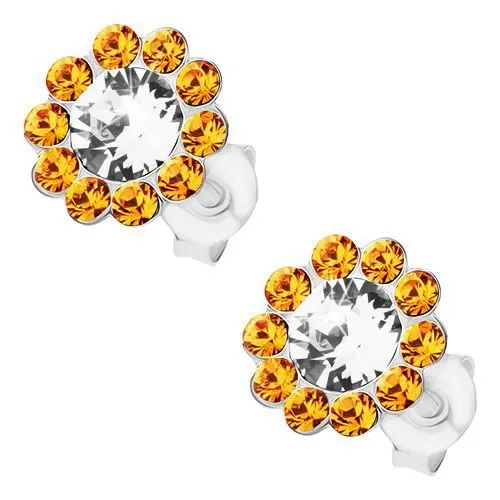 Puzetové náušnice, stříbro 925, kvítek z krystalků Preciosa, čirý a oranžový odstín