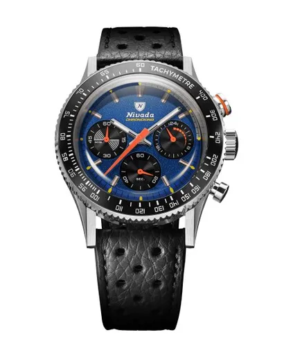 Nivada Grenchen Chronoking Mecaquartz Racing Blue - Inter. Bezel - Black Racing Strap