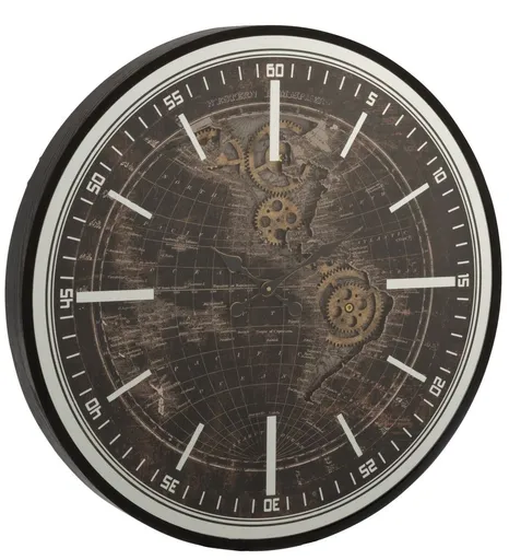 Černé dřevěné veliké nástěnné hodiny mapa světa World - Ø 80*8 cm J-Line by Jolipa