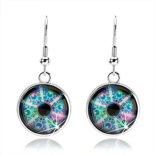 Cabochon náušnice, stříbrná barva, různobarevný kaleidoskop, kruhy