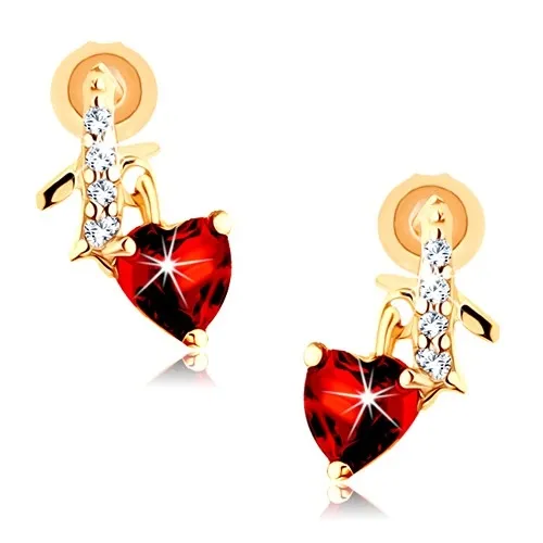 Zlaté náušnice 14K granátové srdce a zirkonová stuha