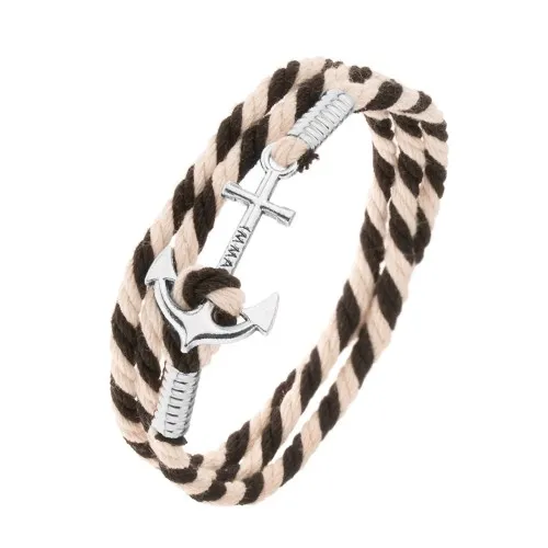 Béžovočerný šňůrkový náramek, kotva s nápisem stříbrné barvy