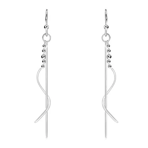 Visací náušnice, stříbro 925 - rovná tyčinka a spirála s kuličkami, háčky