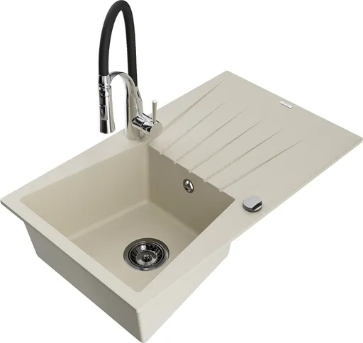 MEXEN/S Cesar granitový dřez s odkapávačem včetně baterie Aster, béžová 6514-69-73450-07-B