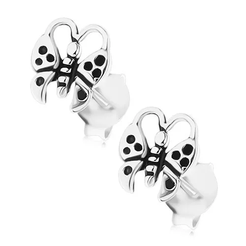 Puzetové náušnice ze stříbra 925, motýl zdobený černou patinou