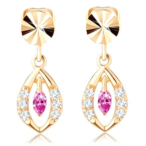 Zlaté náušnice 14K ve tvaru zrnka s růžovým a čirými zirkony